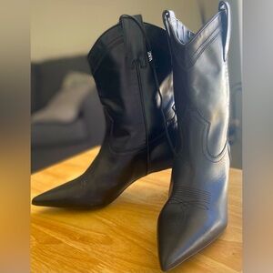 Zara Black Cowboy Style Heeled Boots - Size 6, Euro 36